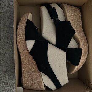 Clarks Tan and Black Wedges with Cork Sole